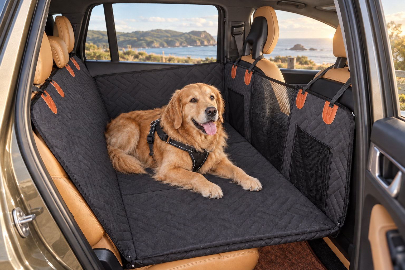 Dog resting on the deck in a parked car